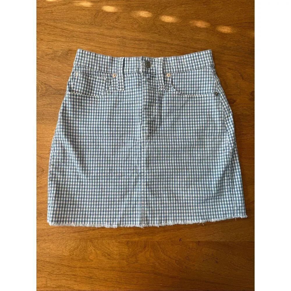Madewell Women's Stretch Straight Denim Raw Hem Gingham Mini Skirt Blue 24 NWOT